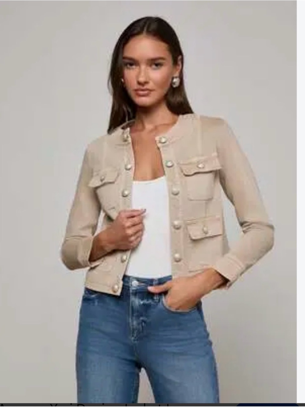 L'agence Yari Collarless Cotton Stretch Open Front Denim Jacket Biscuit Medium
